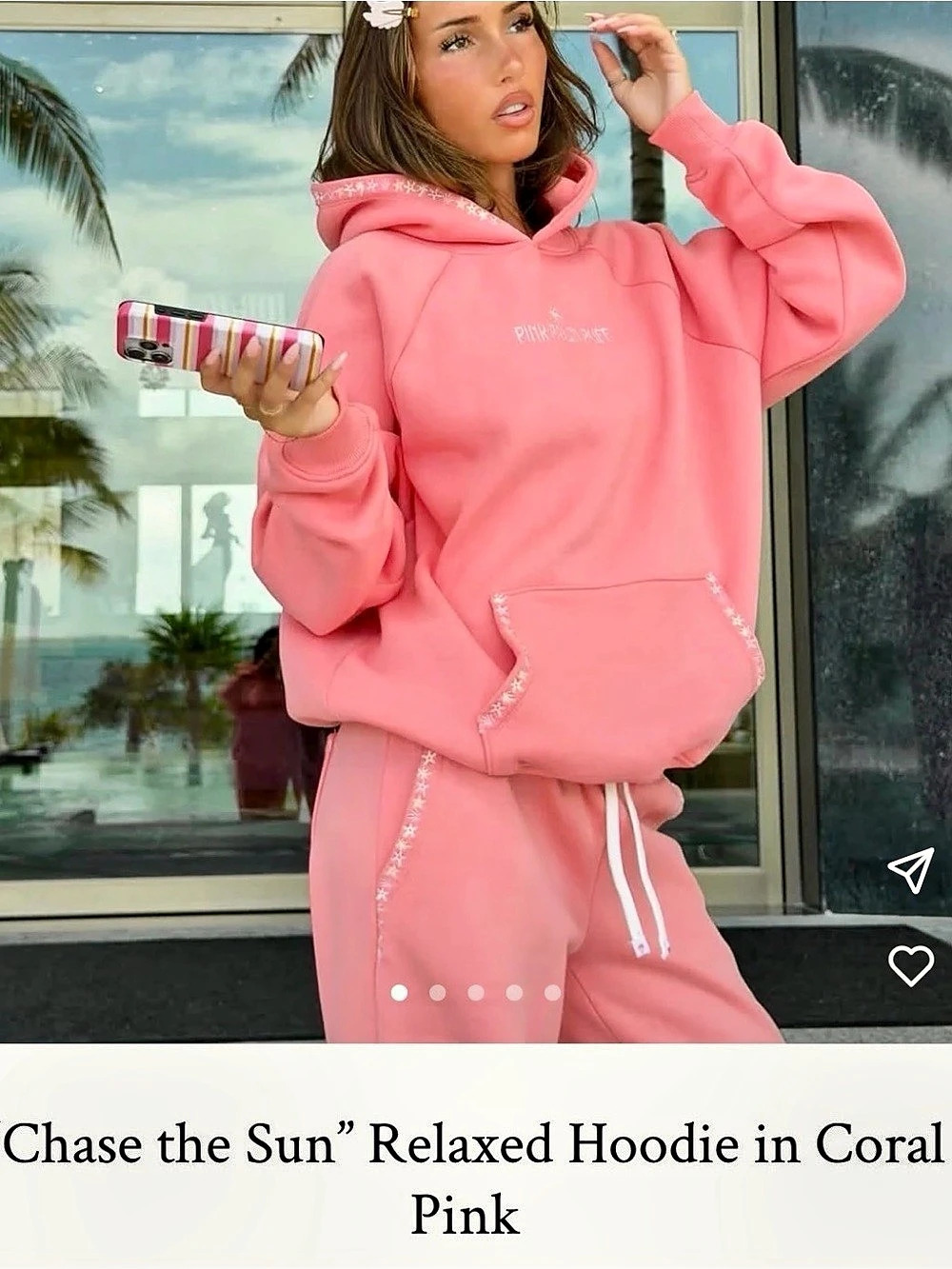 Pink Palm Puff Chase the Sun Relaxed Hoodie coral NEW in Box